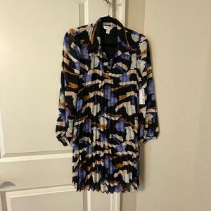 Nine West Dress Trapeze Pleated Long Sleeve Knee Length V-Neck Multicolor PM